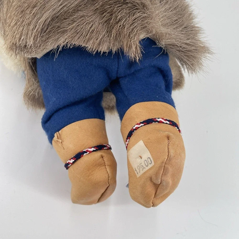 Vintage Inuit Eskimo Doll Faux Fur Parka Moccasins Blue Embroidered Trim 12 Inch